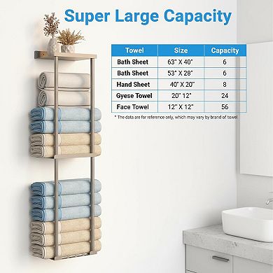 Wall Mounted Vertical Towel Rack 2 Tier Storage Holds 6 Large Bath Sheets