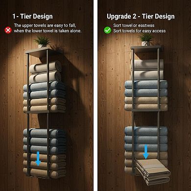 Wall Mounted Vertical Towel Rack 2 Tier Storage Holds 6 Large Bath Sheets