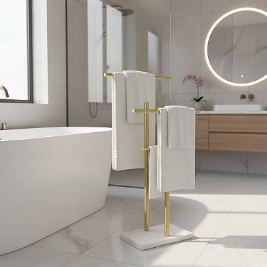 40 Inch Freestanding Towel Rack Double T Shape Marble Base SUS304 Brushed