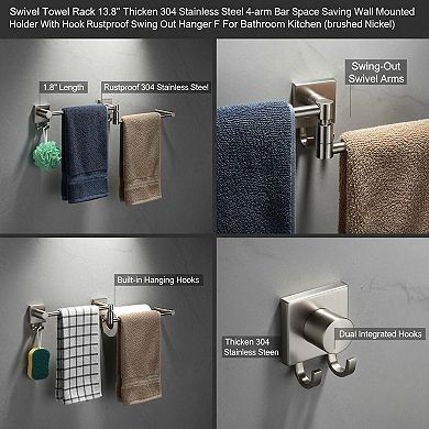 Swivel Towel Rack 4-Arm 304 Stainless Steel Space-Saving Wall Mounted Rustproof Hanger for Bathroom
