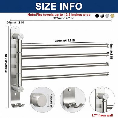 Swivel Towel Rack 4-Arm 304 Stainless Steel Space-Saving Wall Mounted Rustproof Hanger for Bathroom