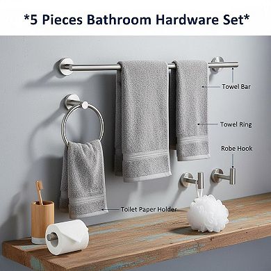 5 Pieces Bathroom Hardware Set SUS304 Stainless Steel Towel Rack Bar Ring Toilet Paper Holder Hooks