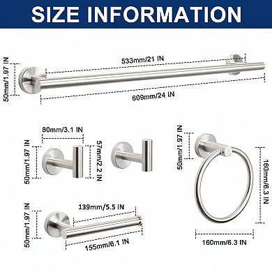 5 Pieces Bathroom Hardware Set SUS304 Stainless Steel Towel Rack Bar Ring Toilet Paper Holder Hooks