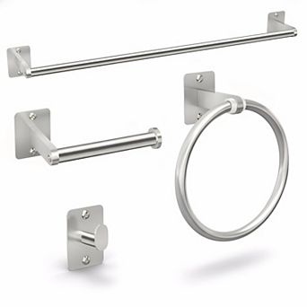 Brushed Nickel 4 pc Bathroom Hardware Set Towel Bar Ring Hook Toilet Paper Holder Wall Mounted
