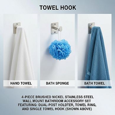 Brushed Nickel 4-Piece Bathroom Hardware Set Towel Bar Ring Hook Toilet Paper Holder Wall Mounted