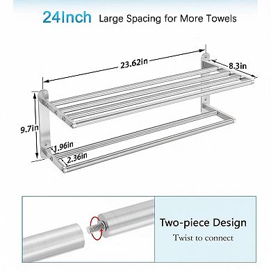24 In Towel Rack Bathroom 2-Tier Stainless Steel Brushed Nickel Wall Mounted Storage