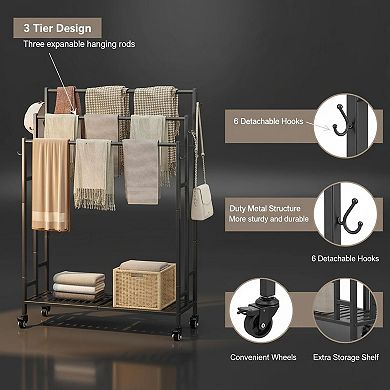 3 Tier Free Standing Metal Towel Rack with Storage Shelf Wheels for Extra Large Blanket Drying