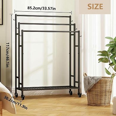 3 Tier Free Standing Metal Towel Rack with Storage Shelf Wheels for Extra Large Blanket Drying