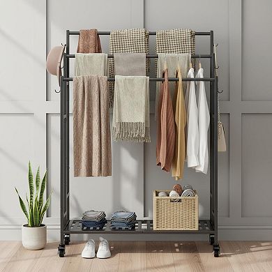 3 Tier Free Standing Metal Towel Rack with Storage Shelf Wheels for Extra Large Blanket Drying