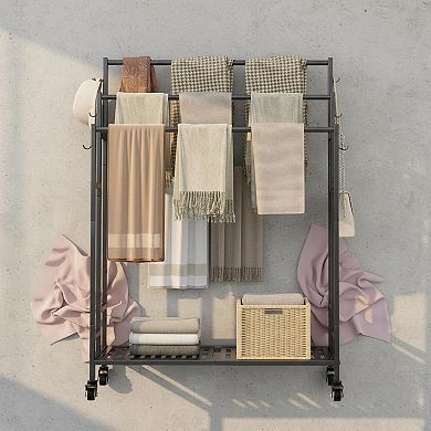 3 Tier Free Standing Metal Towel Rack with Storage Shelf Wheels for Extra Large Blanket Drying