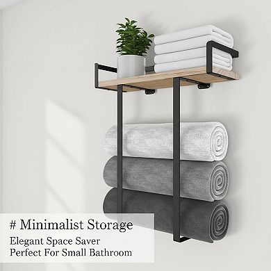 Wall Mounted Towel Rack Metal Holder with Wooden Shelf Folding Storage for Bathroom RV