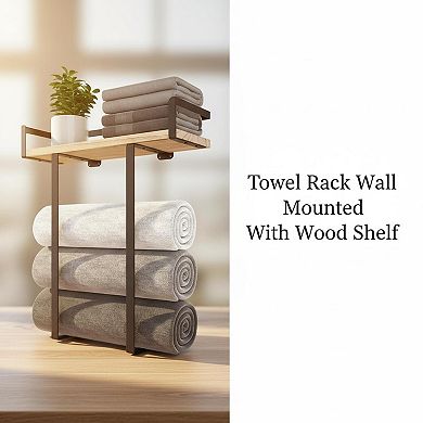 Wall Mounted Towel Rack Metal Holder with Wooden Shelf Folding Storage for Bathroom RV