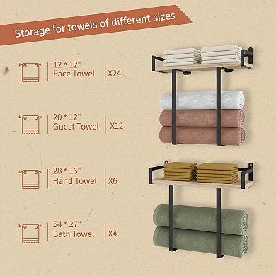 Wall Mounted Towel Rack Metal Holder with Wooden Shelf Folding Storage for Bathroom RV