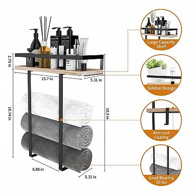 Wall Mounted Towel Rack Metal Holder with Wooden Shelf Folding Storage for Bathroom RV
