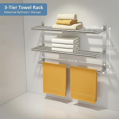 3-Tier Hotel Towel Rack Wall Mounted 24 Inch Shelf Brushed Nickel
