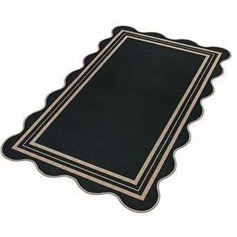 Neutral Washable Outdoor Indoor Rug Non Slip Scalloped Farmhouse Modern Low Pile
