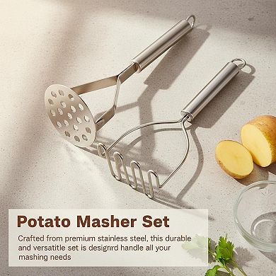 2-Piece Stainless Steel Potato Masher Set Dual-Head for Potatoes Avocados Beans Vegetables Kitchen