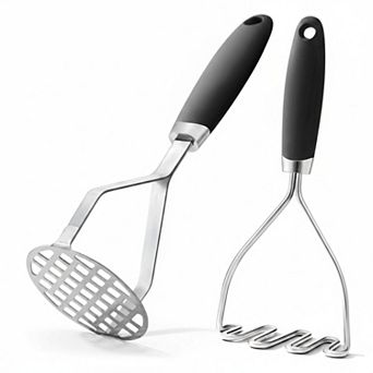 2 pc Stainless Steel Potato Masher Set Silicone Handle Dual Styles for Veggies Fruits Meat