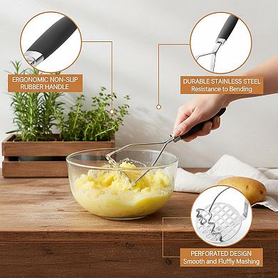 2pcs Stainless Steel Potato Masher Set Silicone Handle Dual Styles for Veggies Fruits Meat