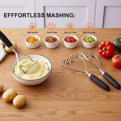 2pcs Stainless Steel Potato Masher Set Silicone Handle Dual Styles for Veggies Fruits Meat