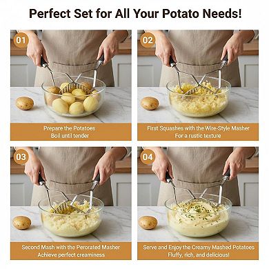2pcs Stainless Steel Potato Masher Set Silicone Handle Dual Styles for Veggies Fruits Meat