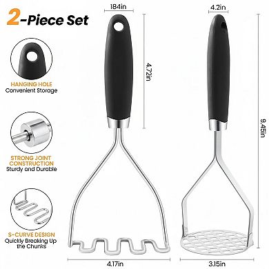 2pcs Stainless Steel Potato Masher Set Silicone Handle Dual Styles for Veggies Fruits Meat