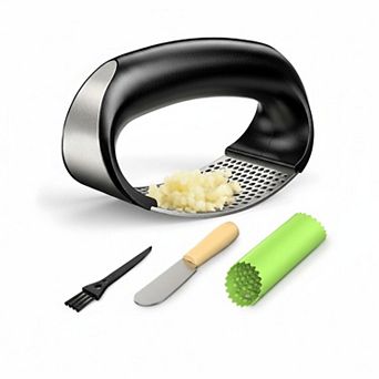 Stainless Steel Garlic Press Rocker with Peeler Scraper Cleaning Brush Easy Kitchen Gadget