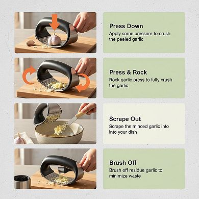 Stainless Steel Garlic Press Rocker with Peeler Scraper Cleaning Brush Easy Kitchen Gadget