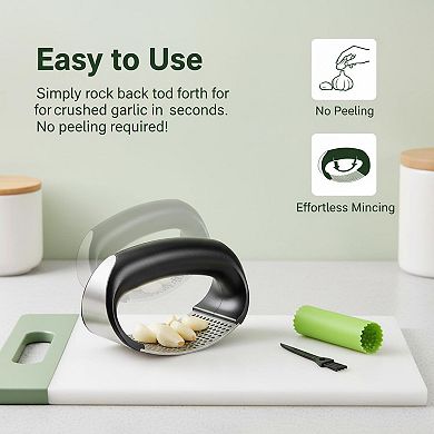 Stainless Steel Garlic Press Rocker with Peeler Scraper Cleaning Brush Easy Kitchen Gadget