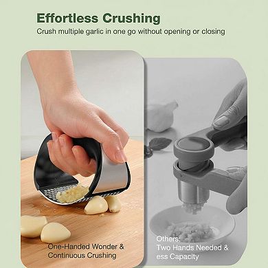 Stainless Steel Garlic Press Rocker with Peeler Scraper Cleaning Brush Easy Kitchen Gadget