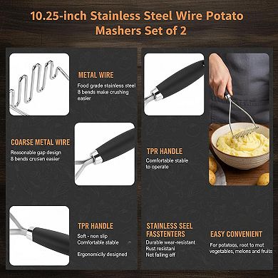 Potato Masher Set of 2 Stainless Steel Wire Vegetable Fruit Masher