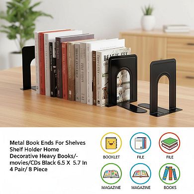 Black Metal Bookends Sturdy Heavy NonSkid TShaped 4 Pairs 8 Pieces