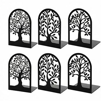 Metal Bookends Decorative Tree Heavy Duty L Shaped Non Slip 3 Pairs for Home Office