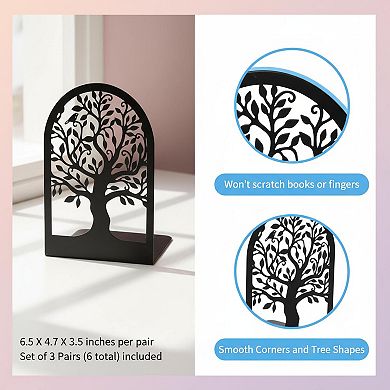 Metal Bookends Decorative Tree Heavy Duty L Shaped Non Slip 3 Pairs for Home Office