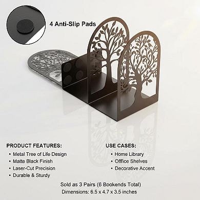 Metal Bookends Decorative Tree Heavy Duty L Shaped Non Slip 3 Pairs for Home Office