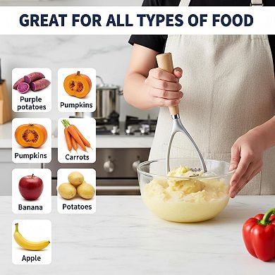Food Grade Aluminum Potato Masher with Oak Handle Ergonomic Manual Kitchen Tool
