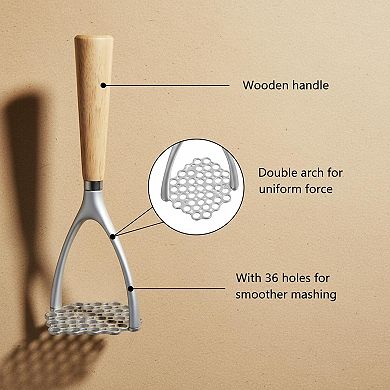Food Grade Aluminum Potato Masher with Oak Handle Ergonomic Manual Kitchen Tool