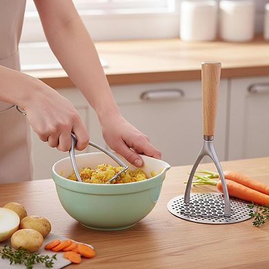 Food Grade Aluminum Potato Masher with Oak Handle Ergonomic Manual Kitchen Tool