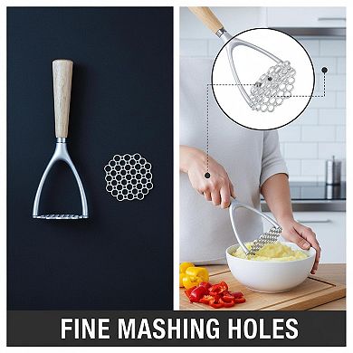 Food Grade Aluminum Potato Masher with Oak Handle Ergonomic Manual Kitchen Tool