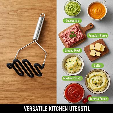 Non scratch silicone potato masher heavy duty stainless steel vegetable masher with soft handle