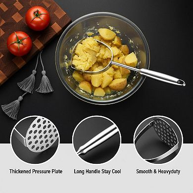 Stainless Steel Potato Masher Heavy Duty Long Handle 304 Food Grade Multifunction Kitchen Tool