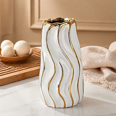 White Ceramic Vase Vertical Stripe Modern Minimalist Decor for Home Office Tabletop Centerpiece