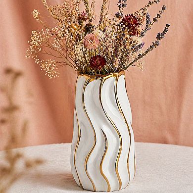 White Ceramic Vase Vertical Stripe Modern Minimalist Decor for Home Office Tabletop Centerpiece