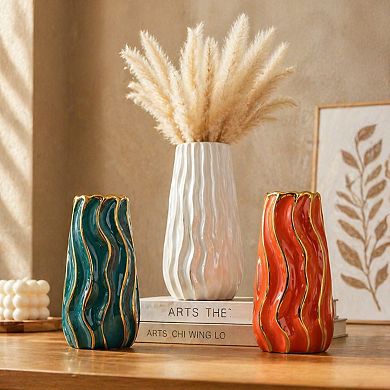 White Ceramic Vase Vertical Stripe Modern Minimalist Decor for Home Office Tabletop Centerpiece
