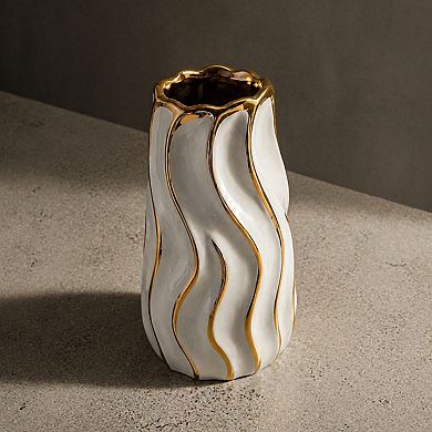 White Ceramic Vase Vertical Stripe Modern Minimalist Decor for Home Office Tabletop Centerpiece