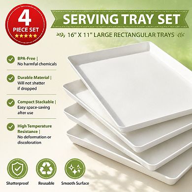 4-Pack Plastic Serving Trays Reusable Stackable White Large for Party Food Display