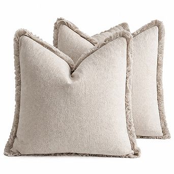 Decorative Throw Pillow Covers Neutral Linen Fringe Boho Farmhouse Set Of 2 For Couch Sofa Bed Home