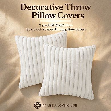 Faux Plush Throw Pillow Covers Set of 2 Luxury Soft Fluffy Striped Decorative for Sofa Couch Living