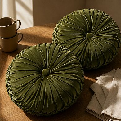 Set Of 2 Decorative Round Pleated Throw Pillows Classy Accent Handcrafted Versatile For Sofa Couch