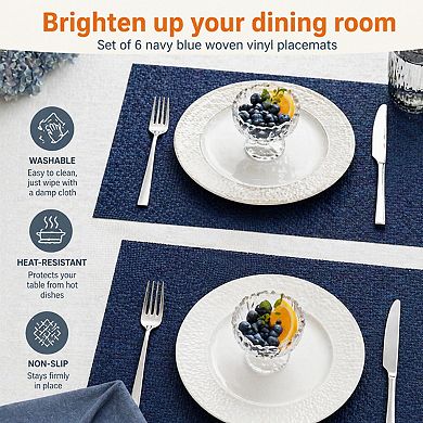 6pcs Washable Wipeable Placemats Heat Resistant Non Slip Woven Vinyl for Dining Table Indoor Outdoor